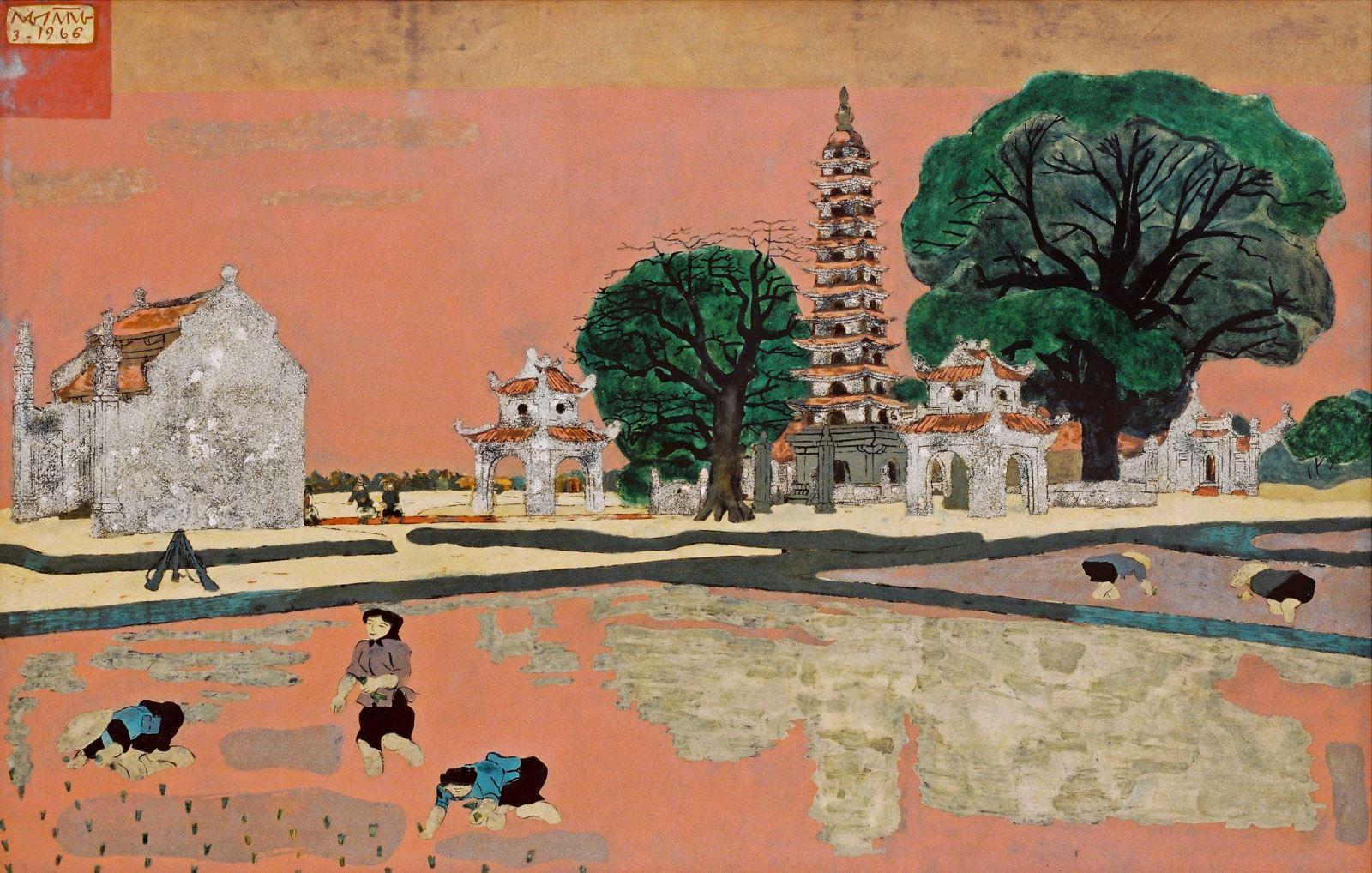 Tranh sơn mài của Nguyễn Gia Trí, sử dụng chất liệu truyền thống thể hiện phong cảnh và văn hóa Việt Nam, yếu tố dân tộc.